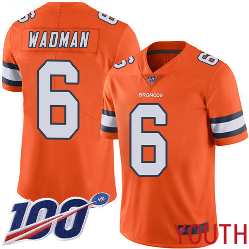 Youth Denver Broncos #6 Colby Wadman Limited Orange Rush Vapor Untouchable 100th Season Football NFL Jersey